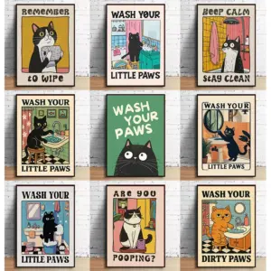Cute Wash Paws Cat Canvas Print Kawaii WashRoom Bathroom Nursery Wall Art Poster for Modern Living Room Bedroom Home Decor