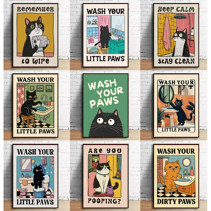 Cute Wash Paws Cat Canvas Print Kawaii WashRoom Bathroom Nursery Wall Art Poster for Modern Living Room Bedroom Home Decor
