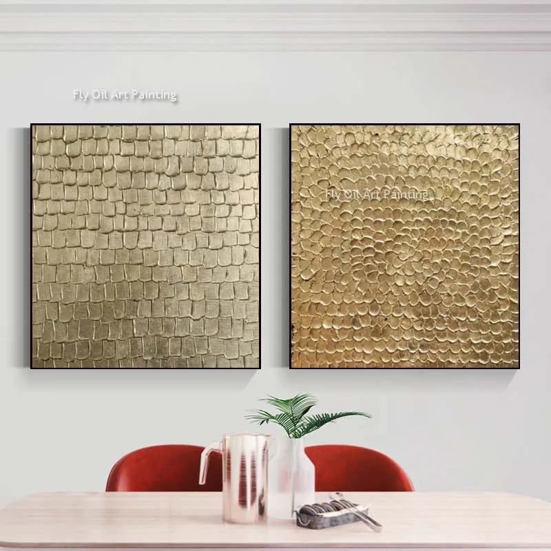 Gold Leaf Wall Art Canvas Painting Handmade Golden Textured Oil Painting Gold Metal Shine Wall Art Decor Glossy Gold Artwork - Image 6
