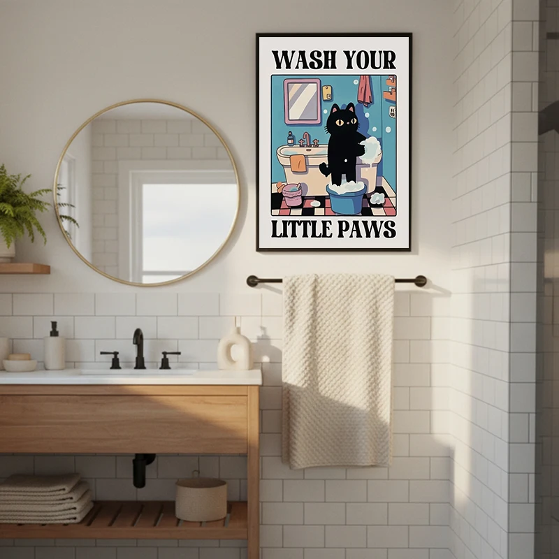 Cute Wash Paws Cat Canvas Print Kawaii WashRoom Bathroom Nursery Wall Art Poster for Modern Living Room Bedroom Home Decor - Image 2