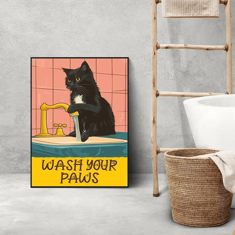 Cute Wash Paws Cat Canvas Print Kawaii WashRoom Bathroom Nursery Wall Art Poster for Modern Living Room Bedroom Home Decor - Image 3