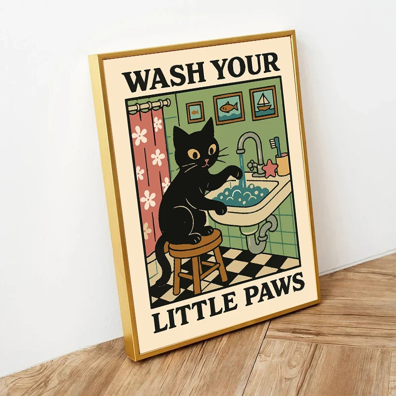 Cute Wash Paws Cat Canvas Print Kawaii WashRoom Bathroom Nursery Wall Art Poster for Modern Living Room Bedroom Home Decor - Image 4