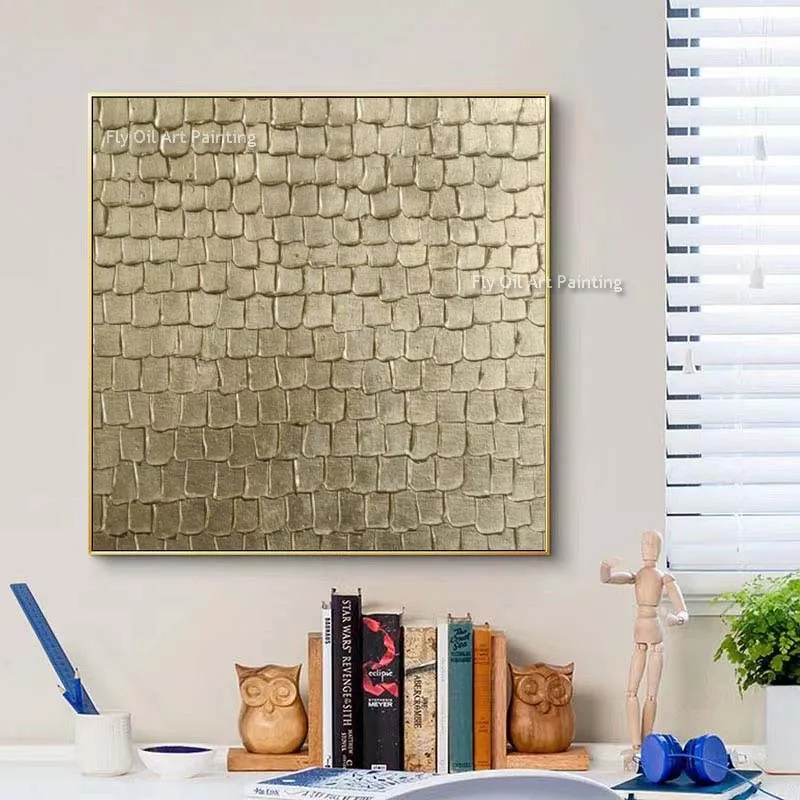 Gold Leaf Wall Art Canvas Painting Handmade Golden Textured Oil Painting Gold Metal Shine Wall Art Decor Glossy Gold Artwork - Image 3