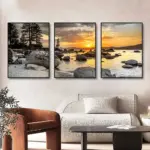 3PCS Frameless Canvas Paintings Sunset Sea Beach Natural Landscape Poster and Prints Wall Art Picture for Living Room Home Decor