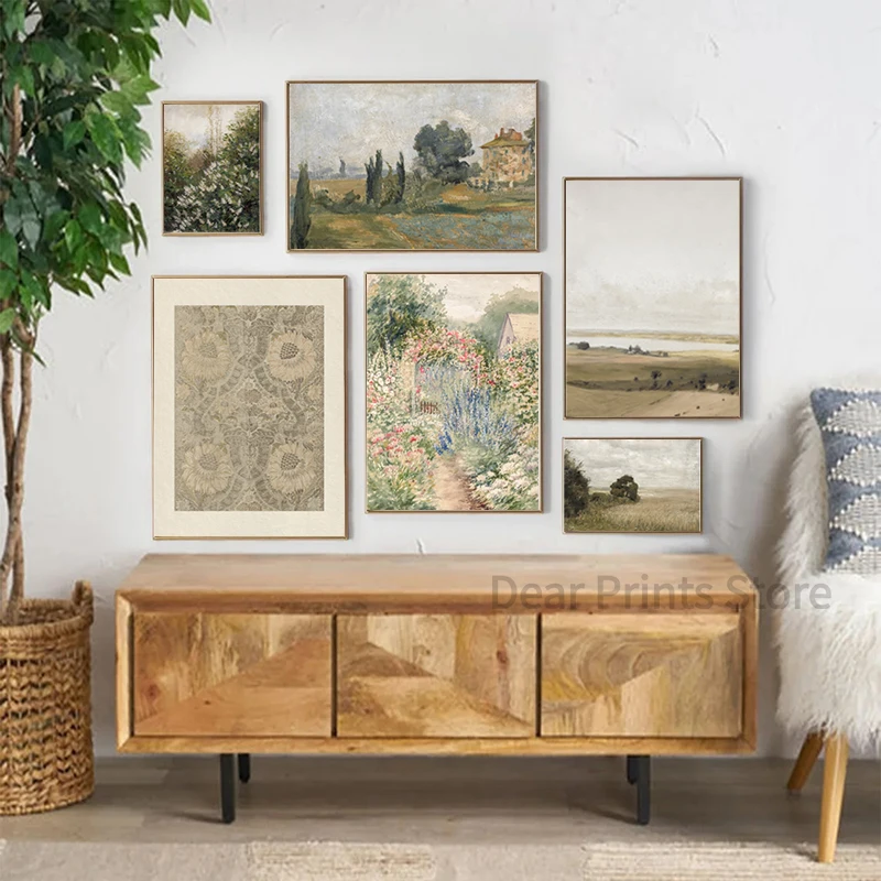 Summer Landscape Vintage Oil Painting Canvas Poster Spring Neutral Gallery Wall Art Print Retro Green Tone Farmhouse Wall Decor - Image 5