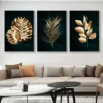3PCS Frameless Artwork Poster Abstract Gold Tropical Monstera Palm Leaves Canvas Painting Black Wall Art Pictures for Home Decor