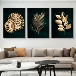 3PCS Frameless Artwork Poster Abstract Gold Tropical Monstera Palm Leaves Canvas Painting Black Wall Art Pictures for Home Decor