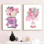 Fashion Perfume Bottle Print Peony Flower Watercolor Painting Canvas Poster Woman Luxurious Wall Art Picture Girls Bedroom Decor