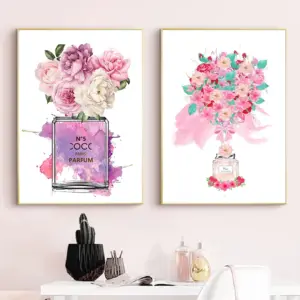 Fashion Perfume Bottle Print Peony Flower Watercolor Painting Canvas Poster Woman Luxurious Wall Art Picture Girls Bedroom Decor