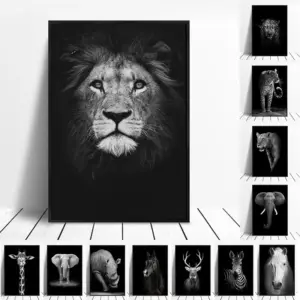 Animal Canvas Printings White and Black Wall Art Lion Elephant Deer Zebra Posters and Prints Modern Wall Decor Paintings Picture