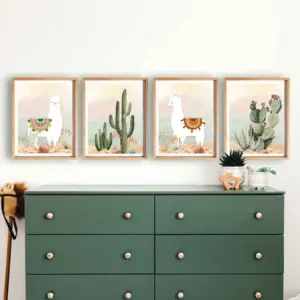 Llama and Cactus Nursery Poster Print Abstract Desert Canvas Painting Boy Gift Wall Art Pictures For Boho Kids Room Home Decor