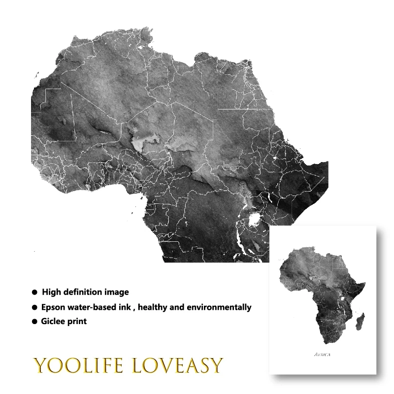 Africa Map Posters and Prints Watercolor Map Travel Wall Art Canvas Painting Grey Black White Picture for Living Room Home Decor - Image 2
