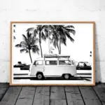 Vintage Coastal Photography Print Retro Bus Van Camper And Black Palm Tree Canvas Painting Wall Picture Coastal Art Decor