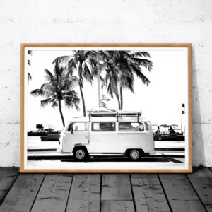 Vintage Coastal Photography Print Retro Bus Van Camper And Black Palm Tree Canvas Painting Wall Picture Coastal Art Decor