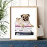 Fashion Art Books Stack Canvas Painting Pug Wall Picture Nordic Posters and Prints for Living Room Home Wall Decor