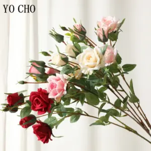 YO CHO Artificial Silk Rose Flowers High Quality Fake Flowers Long Branch 5 Heads Wedding flores Valentine's day Home Decoration