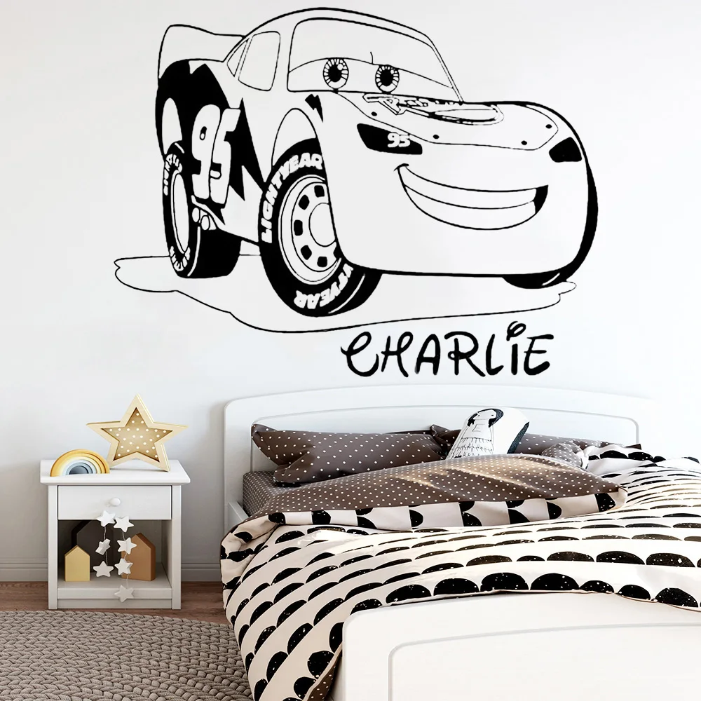 Personalised Name Wall Decals Cartoon Lightning Car Wall Sticker Vinyl Home Decor Kids Boy Room Playroom Custom Mural Z804 - Image 2