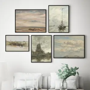 Vintage Seascape Watercolor Painting On Canvas Poster, Coastal Wall Art Prints, Antique Landscape Paintings Neutral Wall Picture