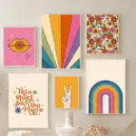 Boho Colorful Rainbow Flower Wall Art, Canvas Print, Trendy Retro Abstract Poster, Aesthetic Mural, Living Room, Home Decor, 70s