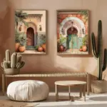 2pcs Moroccan Wall Art Neutral Boho Print Terracotta Cactus Decor Berber Pouf Basket Poster Minimalist  Art Bedroom Home Decor