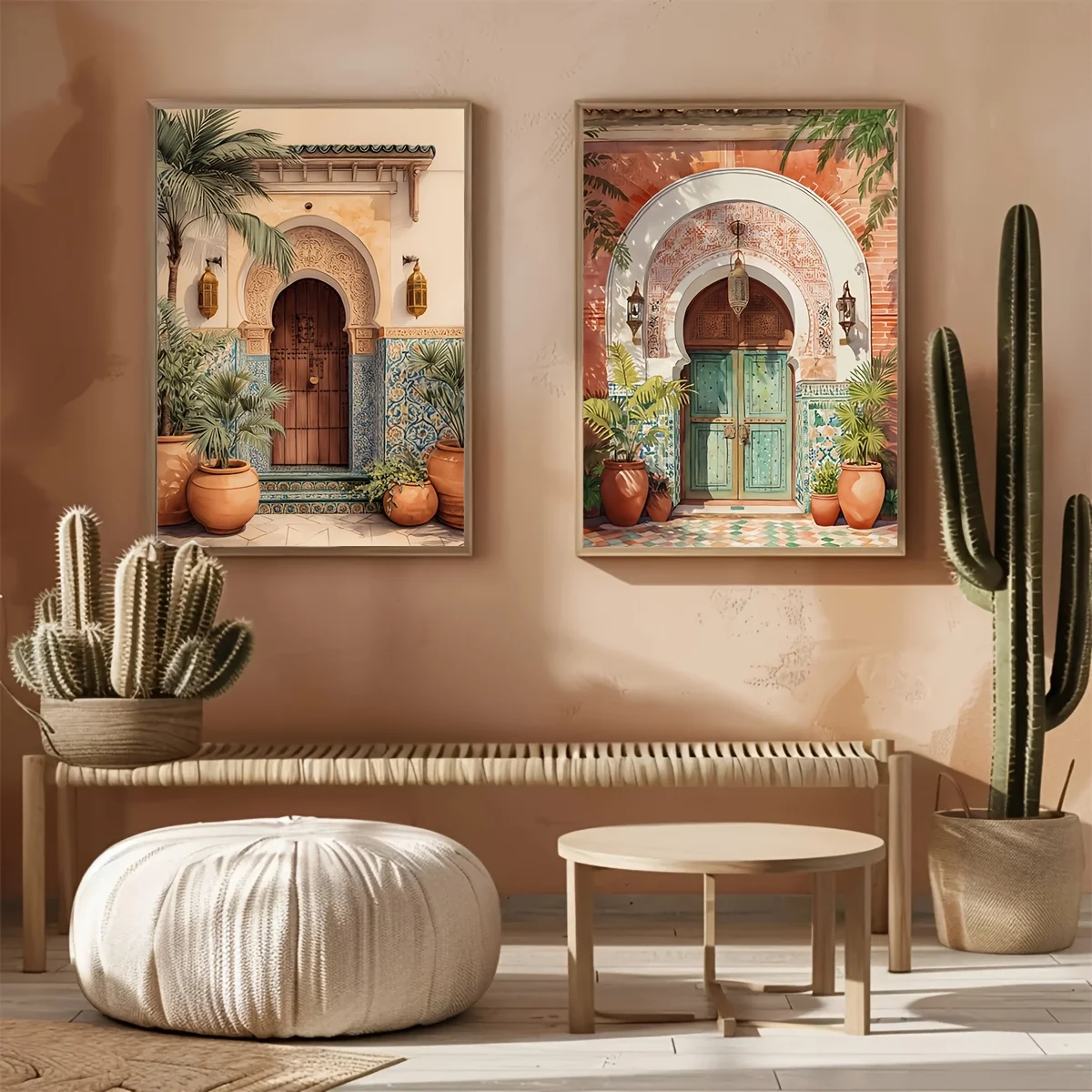 2pcs Moroccan Wall Art Neutral Boho Print Terracotta Cactus Decor Berber Pouf Basket Poster Minimalist Art Bedroom Home Decor