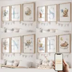 3pcs Personalized Custom Name Cartoon Blue Teddy Bear Wall Art Print Picture Canvas Poster Painting For Living Room Home Decor