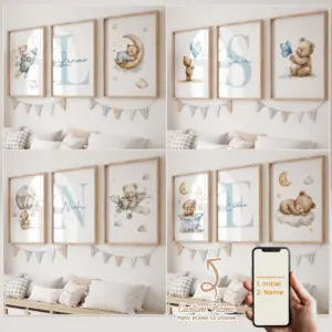 3pcs Personalized Custom Name Cartoon Blue Teddy Bear Wall Art Print Picture Canvas Poster Painting For Living Room Home Decor