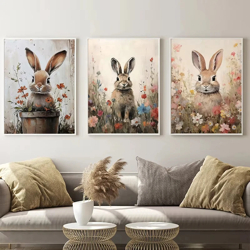 Retro Rustic Wild Rabbit Poster Print Easter Bunny & Egg-Themed Canvas Art Bohemian Farmhouse Living Room Decor - Image 2