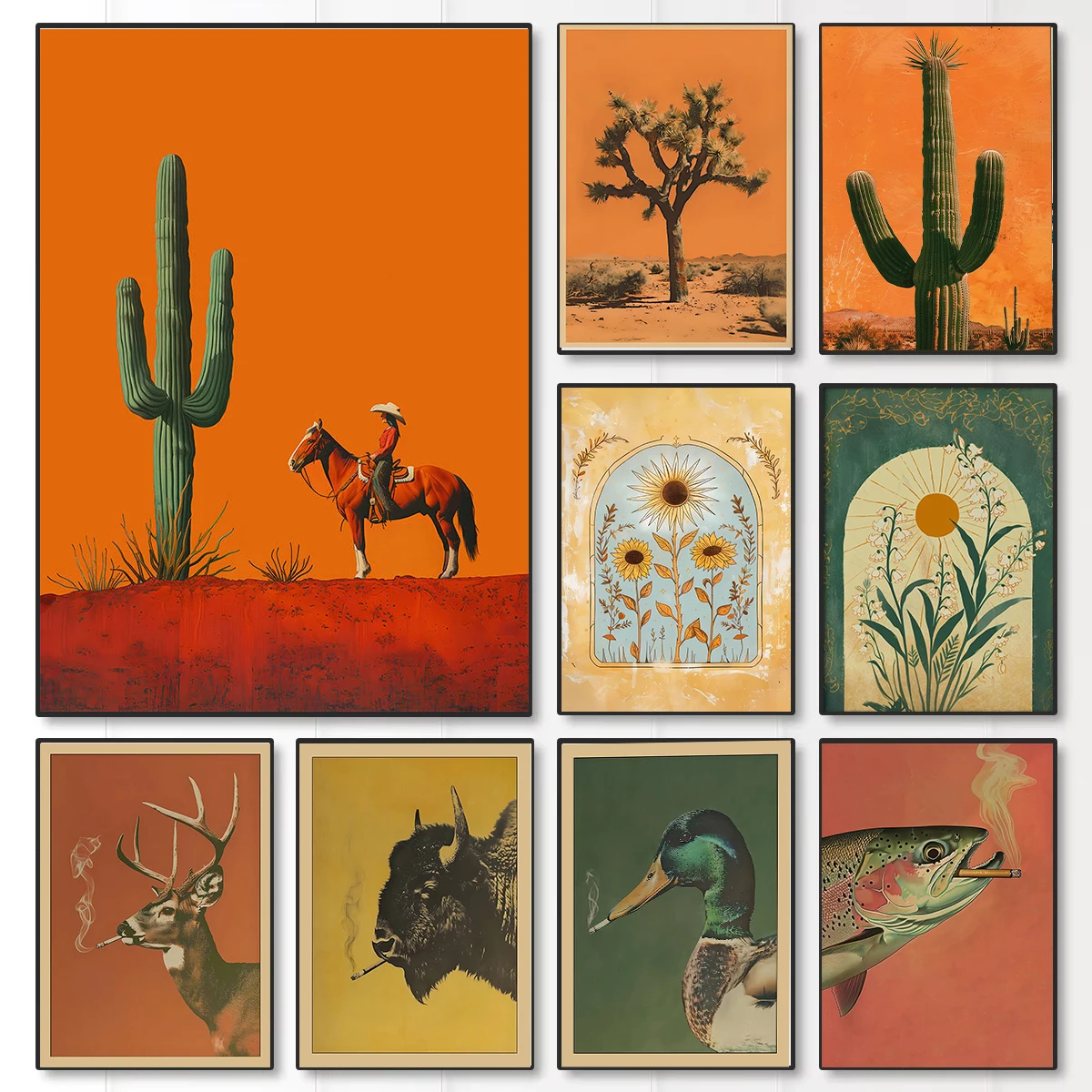 Western Cowboy Girl Bohemian Canvas Print Trout Elk & Cow Smok Cigarette Wall Art Poster Modern Living Room Christmas Home Decor