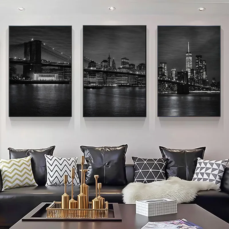 Black White New York City Nightscape Poster Brooklyn Bridge Manhattan Skyline Wall Art Bedroom Living Room Hallway Home Decor - Image 3