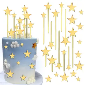 24Pcs Acrylic Gold Star Cake Toppers for Kids Birthday Party Cake DIY Decoration Wedding Christmas Cake Decorating Tools Kit