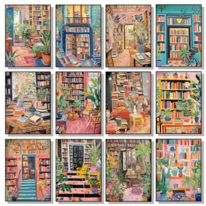 Vintage Library Book Shop Lovers Reading Antique Watercolor Poster Print Wall Art Pictures Canvas Painting Room Home Decor Gift