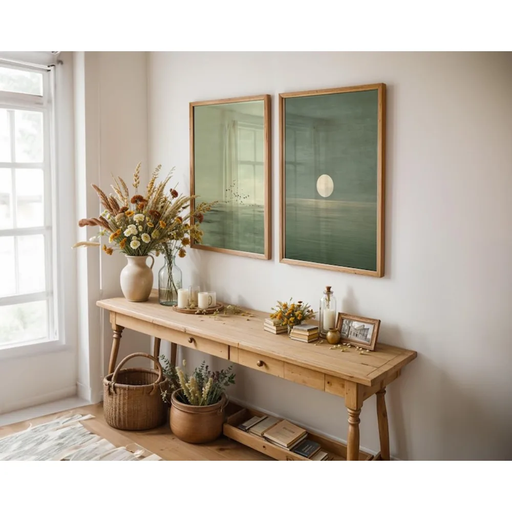 2pcs Frameless Wall Art, Simple Sage Green Sunset Print, Scandinavian Zen Decoration, Abstract Landscape Art, Bohemian Wall Art - Image 4