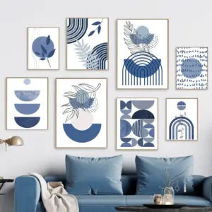 Navy Blue Boho Abstract Sun Rainbow Moon Leaf Plant Nordic Posters Wall Art Print Canvas Painting Modern Room Home Decoration