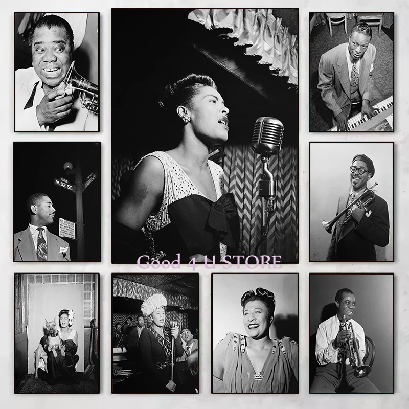 Black and White Vintage Photo of Famous Jazz Singer Musician Billie Holiday Poster Canvas Painting Wall Art Pictures Home Decor