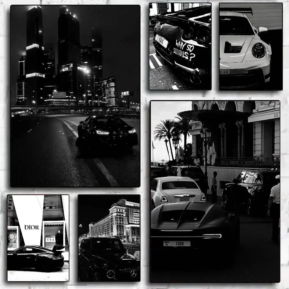 Street Luxury Car Black And White Style Poster Self-adhesive Art Waterproof Paper Sticker Coffee House Bar Room Wall Decor - Image 2