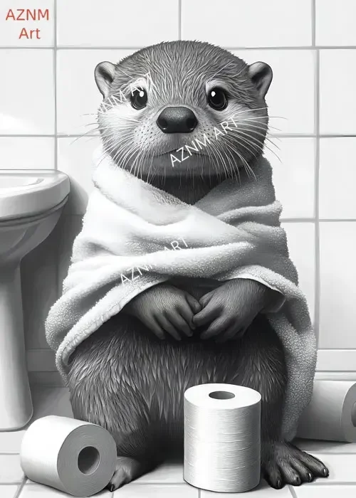 Funny Otter & Raccoon Bathroom Canvas Poster Cat Drinking Animals Black & White Wall Art Mural for Modern Living Room - Image 3