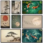 Japanese Zen Koi Fish Pine Tree Sunset Birds Landscape Posters and Prints Canvas Printing Wall Art Picture for Living Room Decor