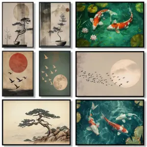 Japanese Zen Koi Fish Pine Tree Sunset Birds Landscape Posters and Prints Canvas Printing Wall Art Picture for Living Room Decor