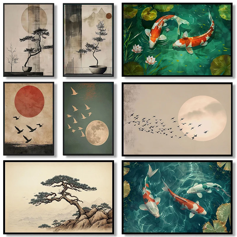 Japanese Zen Koi Fish Pine Tree Sunset Birds Landscape Posters and Prints Canvas Printing Wall Art Picture for Living Room Decor