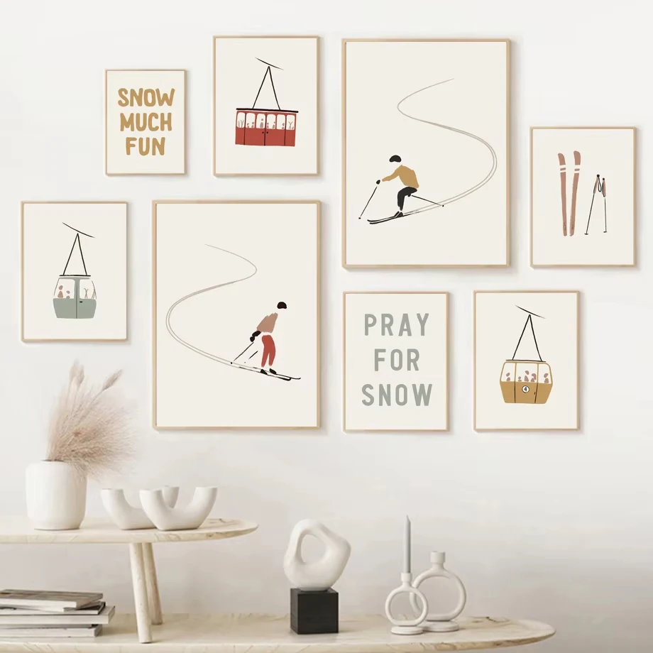 Winter skiing sports cable car aesthetic poster Nordic minimalist winter snow scenery figure canvas painting art home room decor - Image 2