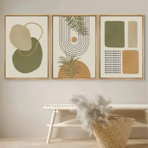 Boho Green Beige Geometric Leaves Abstract Poster Prints Canvas Painting Mid Century Wall Art Picture Living Room Interior Decor