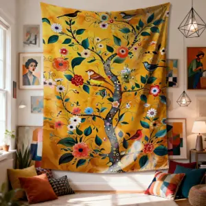 A tree with birds flowers and leaves Digital printing polyester wall tapestry suitable for use living rooms offices bars party