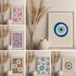 Traditional Evil Eye Flowers Pink Wall Art  MidCentury Modern Boho Decor  Minimalist Digital Print  Printable Canvas Painting  H