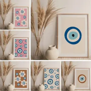 Traditional Evil Eye Flowers Pink Wall Art  MidCentury Modern Boho Decor  Minimalist Digital Print  Printable Canvas Painting  H