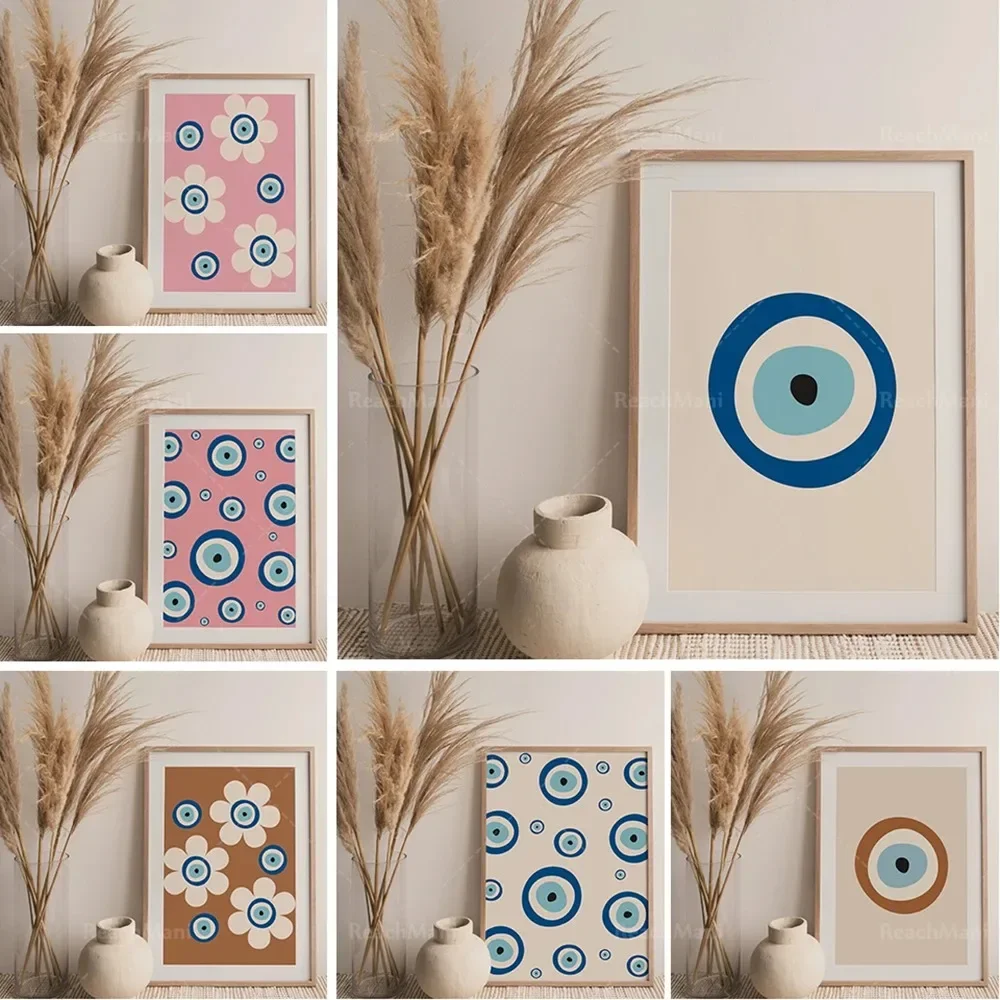 Traditional Evil Eye Flowers Pink Wall Art MidCentury Modern Boho Decor Minimalist Digital Print Printable Canvas Painting H