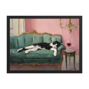 Tuxedo Cat with Red Wine Frameless Canvas Wall Art Print Decor | Cocktail Art Bar Decor | Fine Art Gift | Trendy Home Wall Art