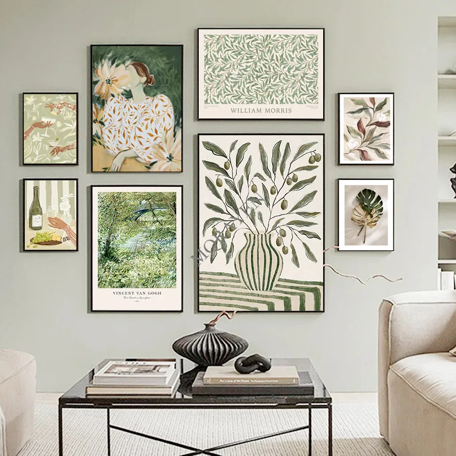 Boho Abstract Green Striped Girl Leaf Flower Poster Print Vintage Canvas Painting Hotel Bar Wall Art Pictures Living Room Decor