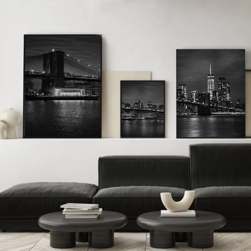 Black White New York City Nightscape Poster Brooklyn Bridge Manhattan Skyline Wall Art Bedroom Living Room Hallway Home Decor - Image 5