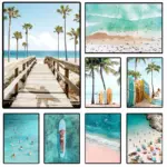 Sea Wave Surfing Beach Car Lighthouse Palm Landscape Posters and Prints Canvas Printing Wall Art Picture for Living Room Decor